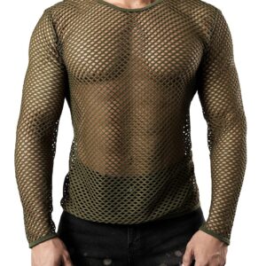 JOGAL Men's Mesh Fishnet Fitted Long Sleeve Muscle Top Small WG04 ArmyGreen