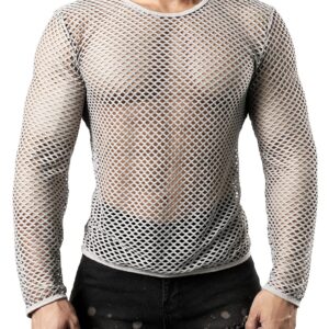 JOGAL Men's Mesh Fishnet Fitted Long Sleeve Muscle Top X-Large WG04 Grey