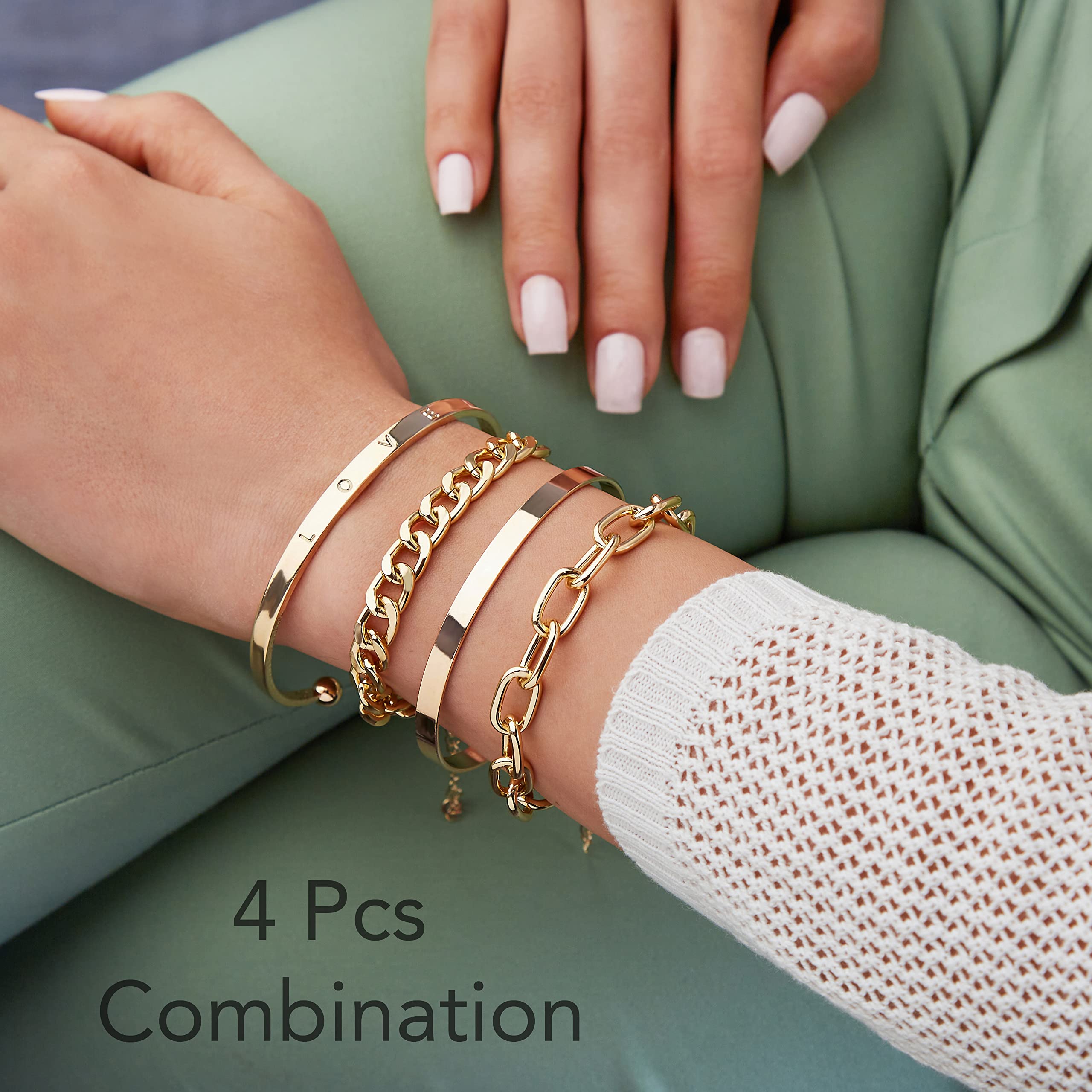 Pera Jewelry 14K Gold and Silver Plated Layered Bracelet Sets, 4 Pieces, Adjustable Layered Link Bracelets Sets, Stainless Steel, no gemstone