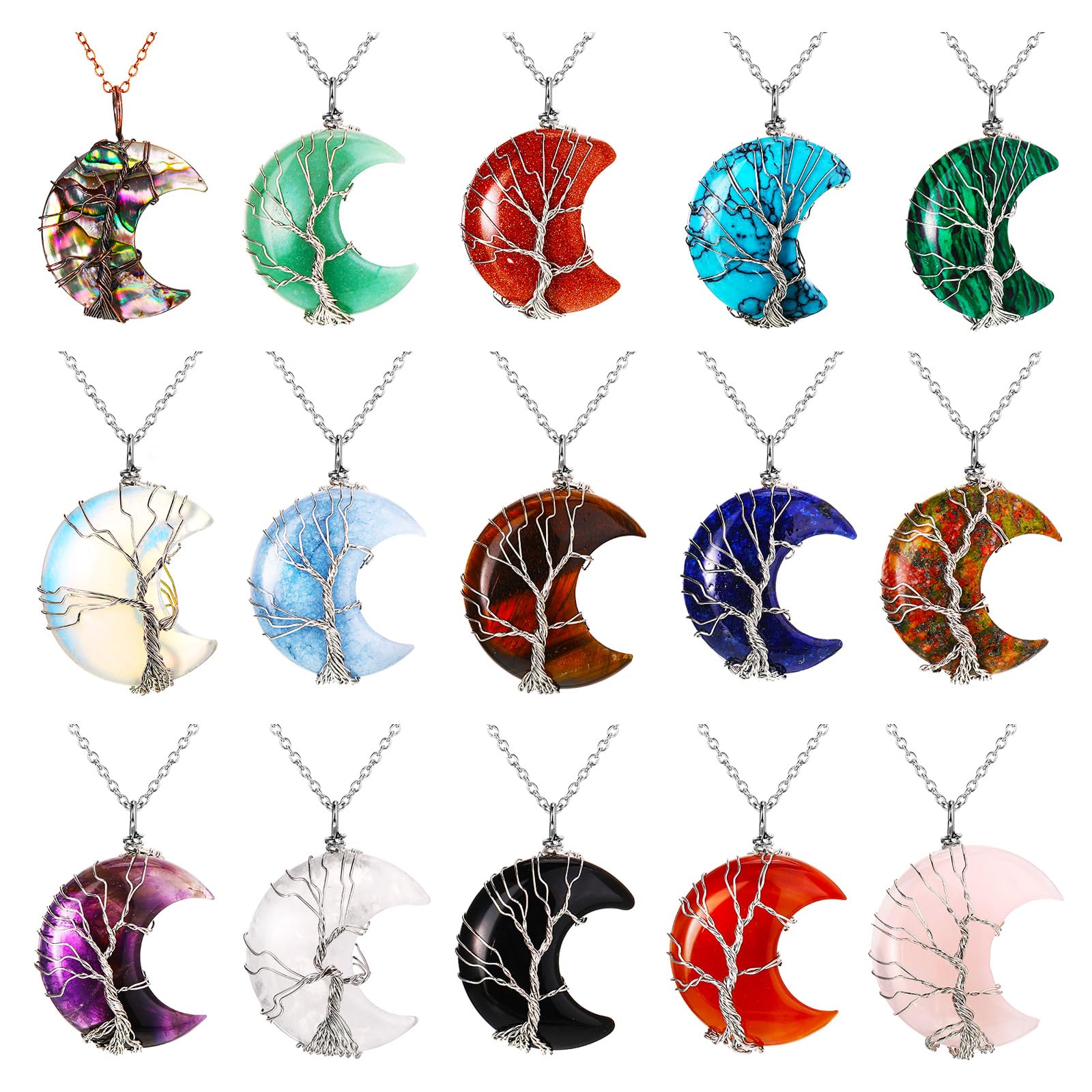 Sherr 15 Pcs Life Tree Crescent Moon Necklace Wire Wrap Natural Gemstones Pendant Healing Crystal Necklaces Reiki Spiritual Multicolored Jewelry Christmas Gift for Women