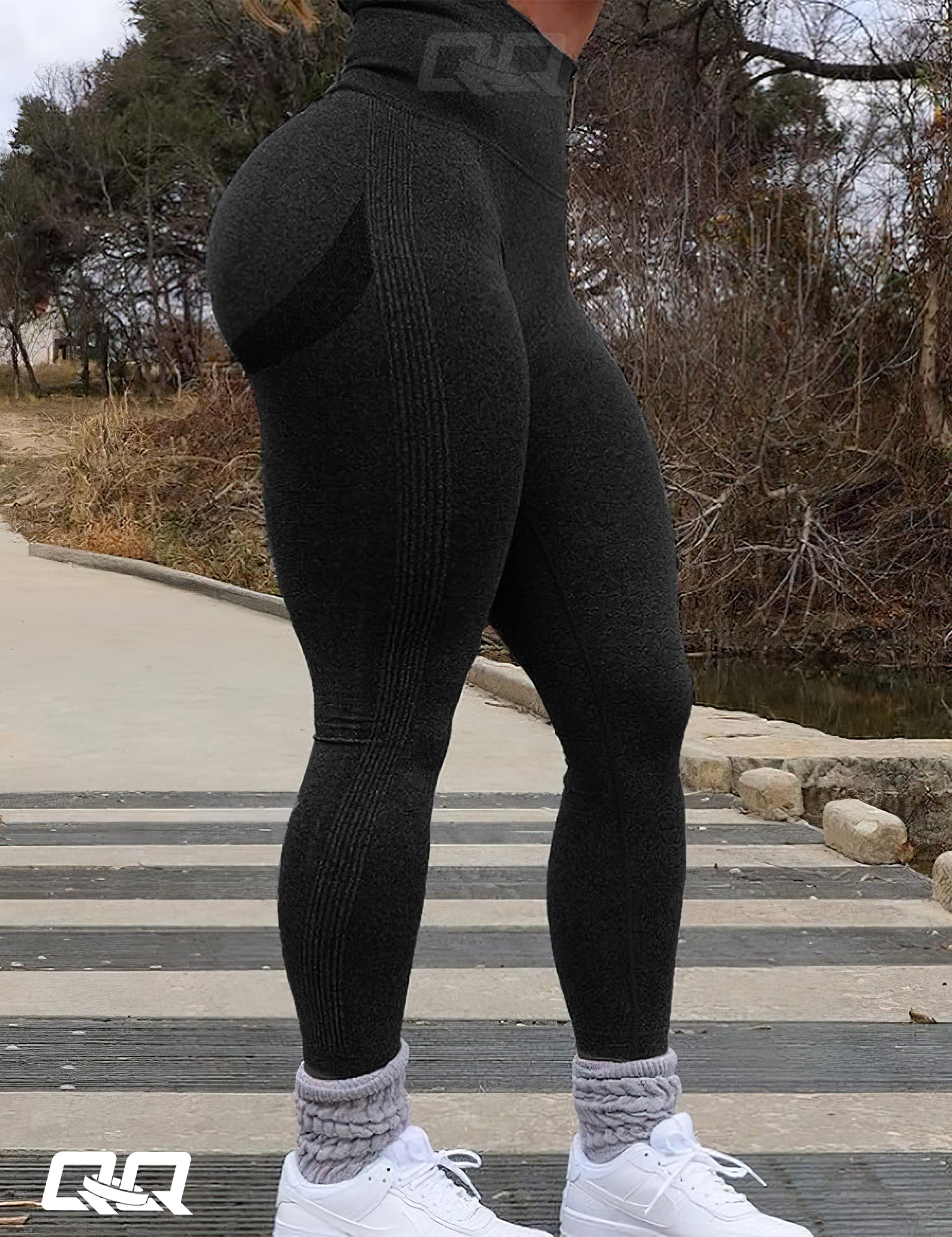 QOQ Women High Waist Workout Leggings Seamless Butt Lift Scrunch Booty Yoga Pants Vital Tummy Control Compression Tights Black XXL