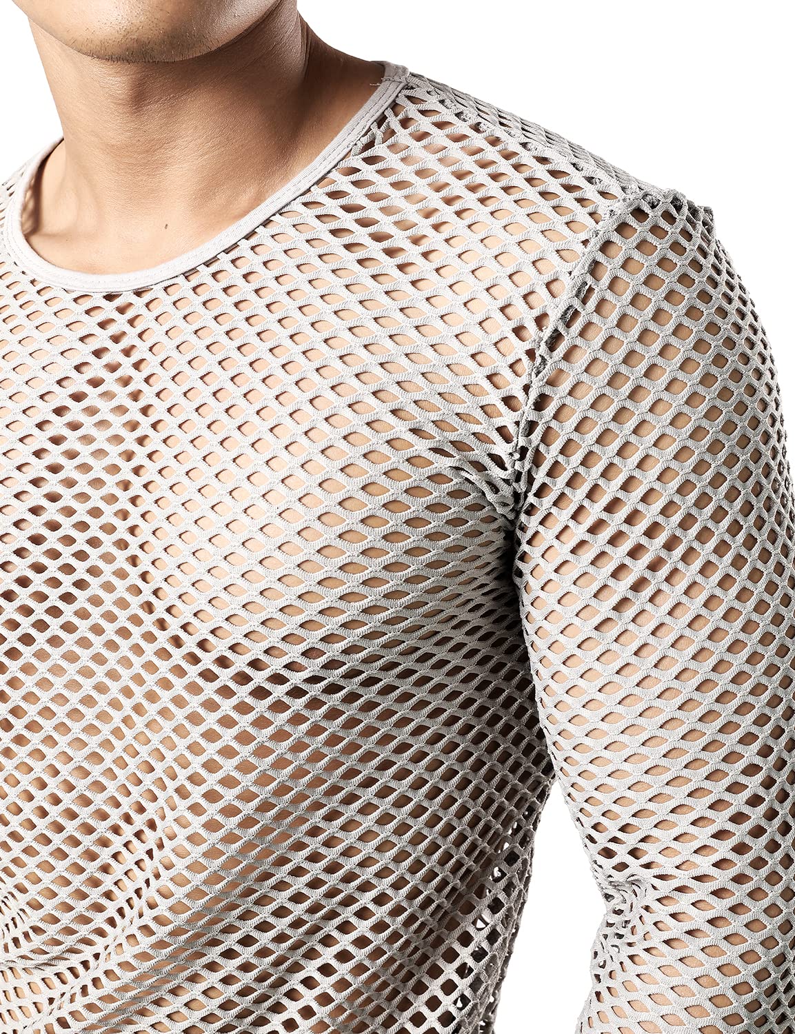 JOGAL Men's Mesh Fishnet Fitted Long Sleeve Muscle Top X-Large WG04 Grey