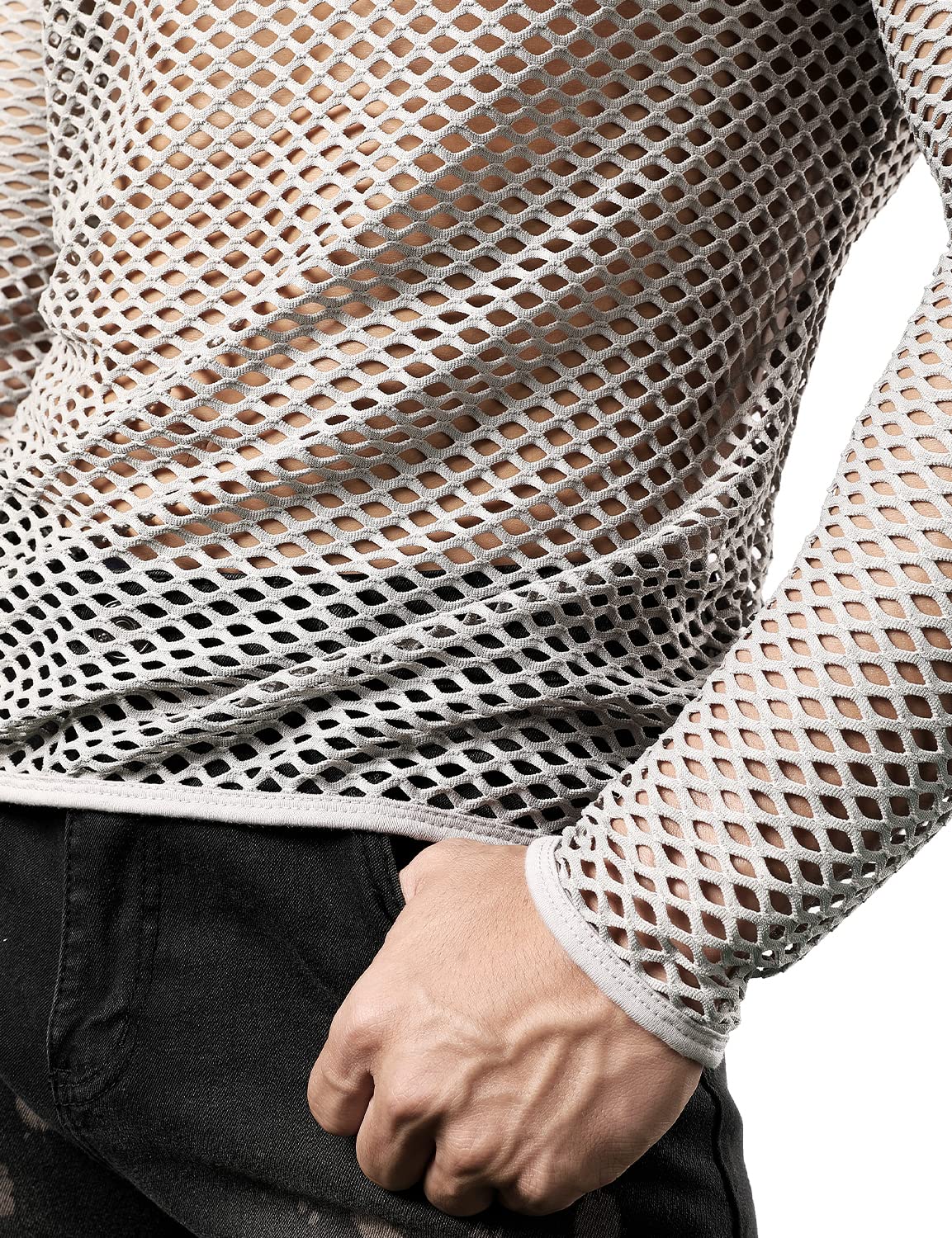 JOGAL Men's Mesh Fishnet Fitted Long Sleeve Muscle Top X-Large WG04 Grey