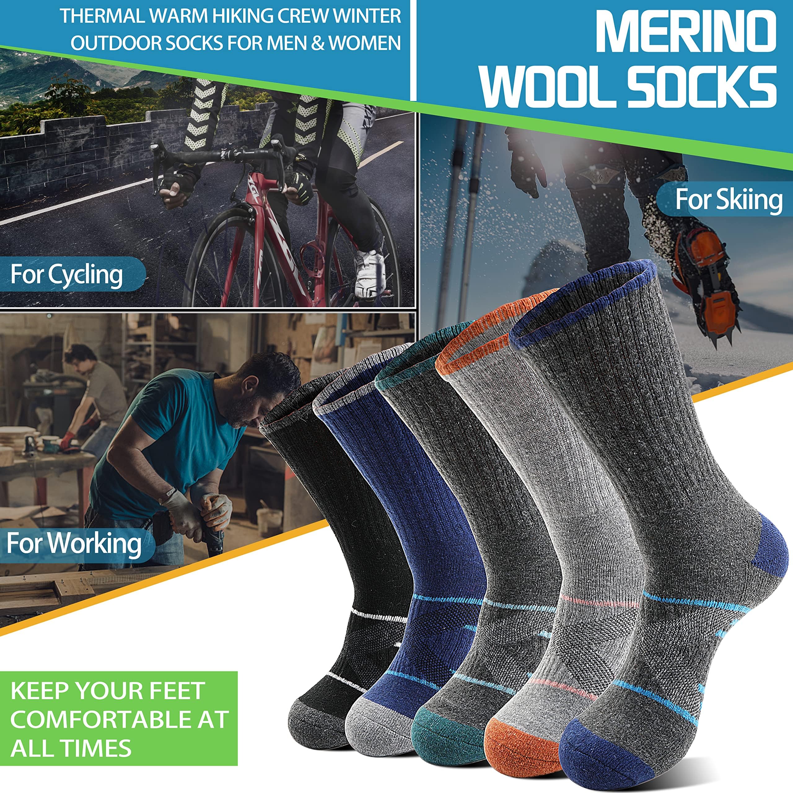 ANTSANG Merino Wool Socks for Men & Women Thermal Winter Hiking Warm Thick Athletic Crew Cozy Boot Work Gift Socks Stocking Stuffers 5 Pairs (Orange/Green/Blue/Black/Dark Grey A,L)