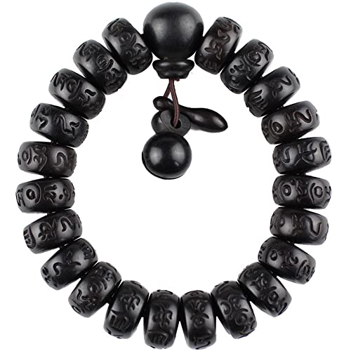 Tibetan Buddhism Natural Beads OM Mani Padme Buzz Engraved Six-Character Mantra Beaded Men's and Women's Buddhist Beads Wenwan Rosary Bracelet (round), Black