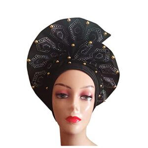 Gold Auto Gele Already Made Headtie African ASO Oke Nigeria for Wedding Women Bonnet Head Wraps - 1piece by MSB Fabric Color 1390