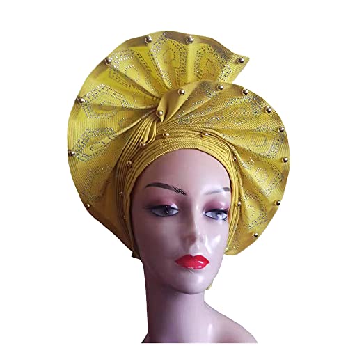 Gold Auto Gele Already Made Headtie African ASO Oke Nigeria for Wedding Women Bonnet Head Wraps - 1piece by MSB Fabric Color 1390