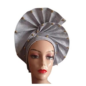 Gold Auto Gele Already Made Headtie African ASO Oke Nigeria for Wedding Women Bonnet Head Wraps - 1piece by MSB Fabric Color 1390