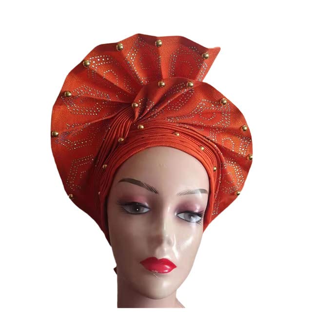 Gold Auto Gele Already Made Headtie African ASO Oke Nigeria for Wedding Women Bonnet Head Wraps - 1piece by MSB Fabric Color 1390