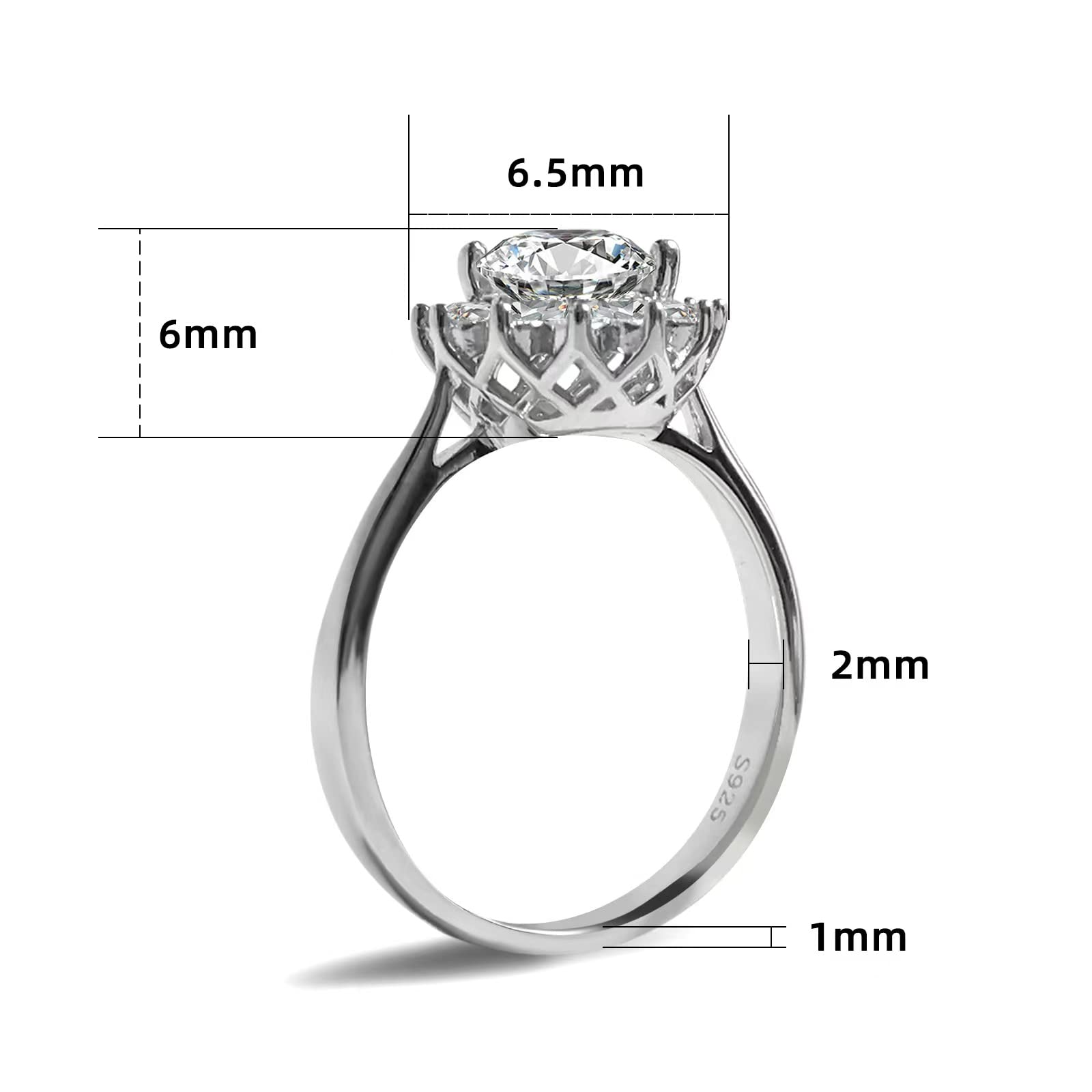 1ct Moissanite Sunflower Engagement Rings for Women, D Color VVS1 Clarity Round Cut Moissanite Ring in Sterling Silver plated with 18K White Gold Wedding Anniversary Birthday Promise Ring for her with Certificate of Authenticity