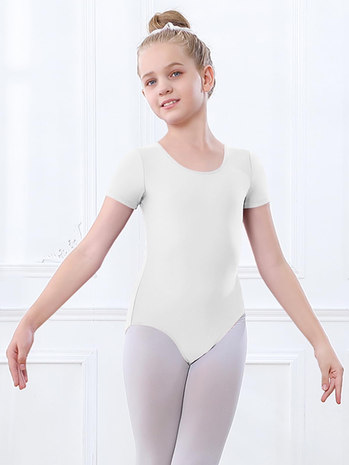 speerise Girls Toddler Leotard Short Sleeve Ballet leotards for Dance Gymnastics Bow Back 3-12 Years white