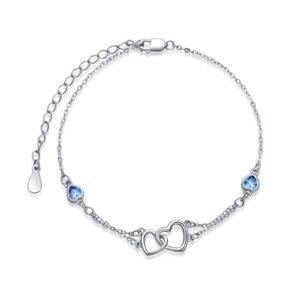 light blue bracelet for women 925 sterling silver double heart bracelets aquamarine dainty beach jewelry friendship heart chain march birthstone jewelry for friend best friends