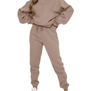 Alunzoem Tracksuit for Women Set Sweat Suit 2 Piece Pullover Solid Sweatshirt Long Pants Outfits Lounge Set Khaki M