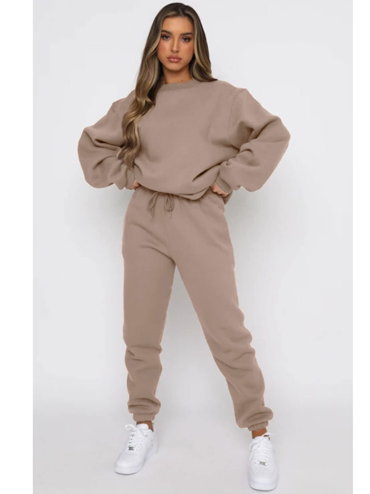 Alunzoem Tracksuit for Women Set Sweat Suit 2 Piece Pullover Solid Sweatshirt Long Pants Outfits Lounge Set Khaki M