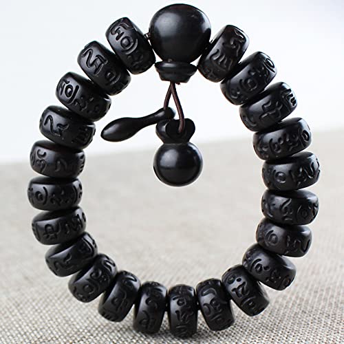 Tibetan Buddhism Natural Beads OM Mani Padme Buzz Engraved Six-Character Mantra Beaded Men's and Women's Buddhist Beads Wenwan Rosary Bracelet (round), Black