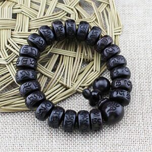 Tibetan Buddhism Natural Beads OM Mani Padme Buzz Engraved Six-Character Mantra Beaded Men's and Women's Buddhist Beads Wenwan Rosary Bracelet (round), Black