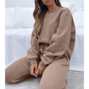 Alunzoem Tracksuit for Women Set Sweat Suit 2 Piece Pullover Solid Sweatshirt Long Pants Outfits Lounge Set Khaki M