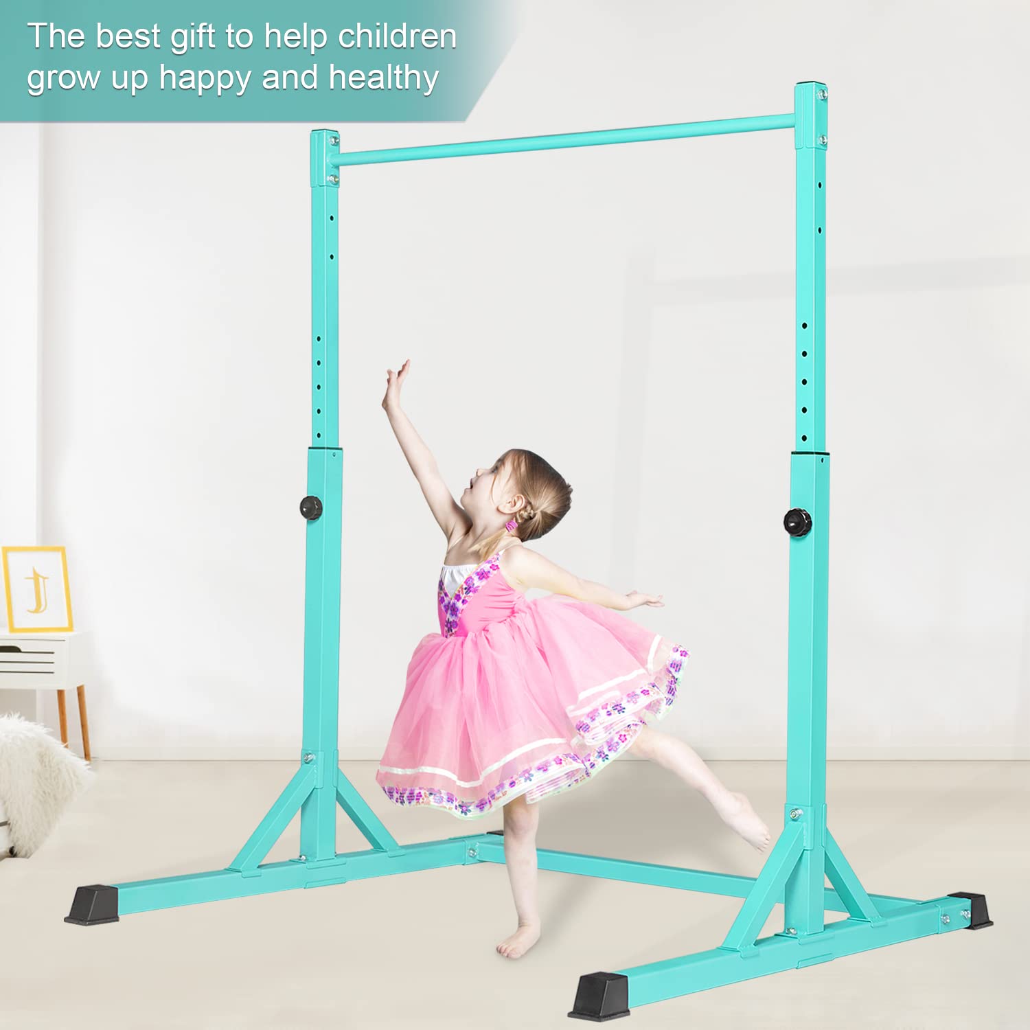 Bongkim Gymnastics Bar for Kids,Adjustable Height Gymnastic Horizontal Bars,Folding Gymnastics Equipment Junior Training Bar for Home Using,Stable Kids Training bar for Children (Teal)