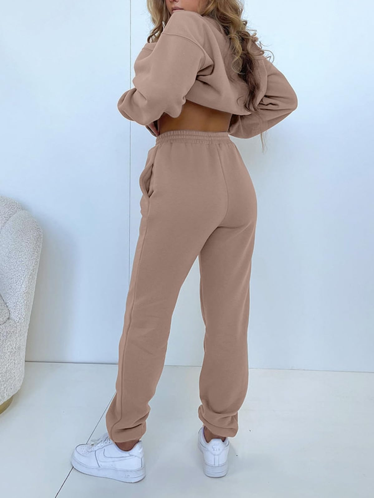 Alunzoem Tracksuit for Women Set Sweat Suit 2 Piece Pullover Solid Sweatshirt Long Pants Outfits Lounge Set Khaki M