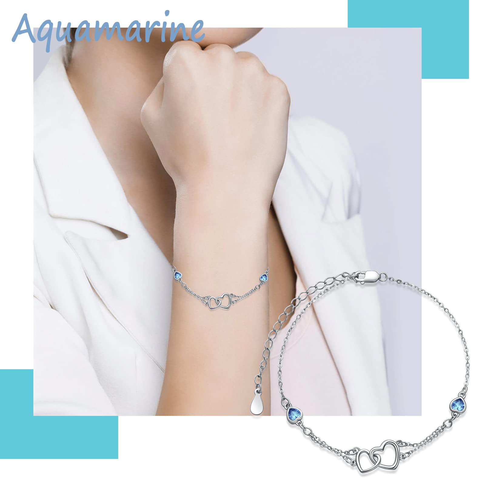 Light Blue Bracelet for Women 925 Sterling Silver Double Heart Bracelets Aquamarine Dainty Beach Jewelry Friendship Heart Chain March Birthstone Jewelry for friend Best Friends