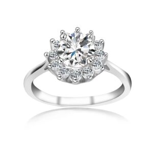 1ct Moissanite Sunflower Engagement Rings for Women, D Color VVS1 Clarity Round Cut Moissanite Ring in Sterling Silver plated with 18K White Gold Wedding Anniversary Birthday Promise Ring for her with Certificate of Authenticity