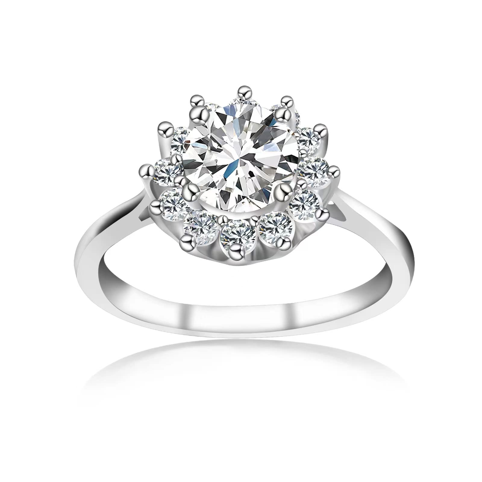 1ct Moissanite Sunflower Engagement Rings for Women, D Color VVS1 Clarity Round Cut Moissanite Ring in Sterling Silver plated with 18K White Gold Wedding Anniversary Birthday Promise Ring for her with Certificate of Authenticity