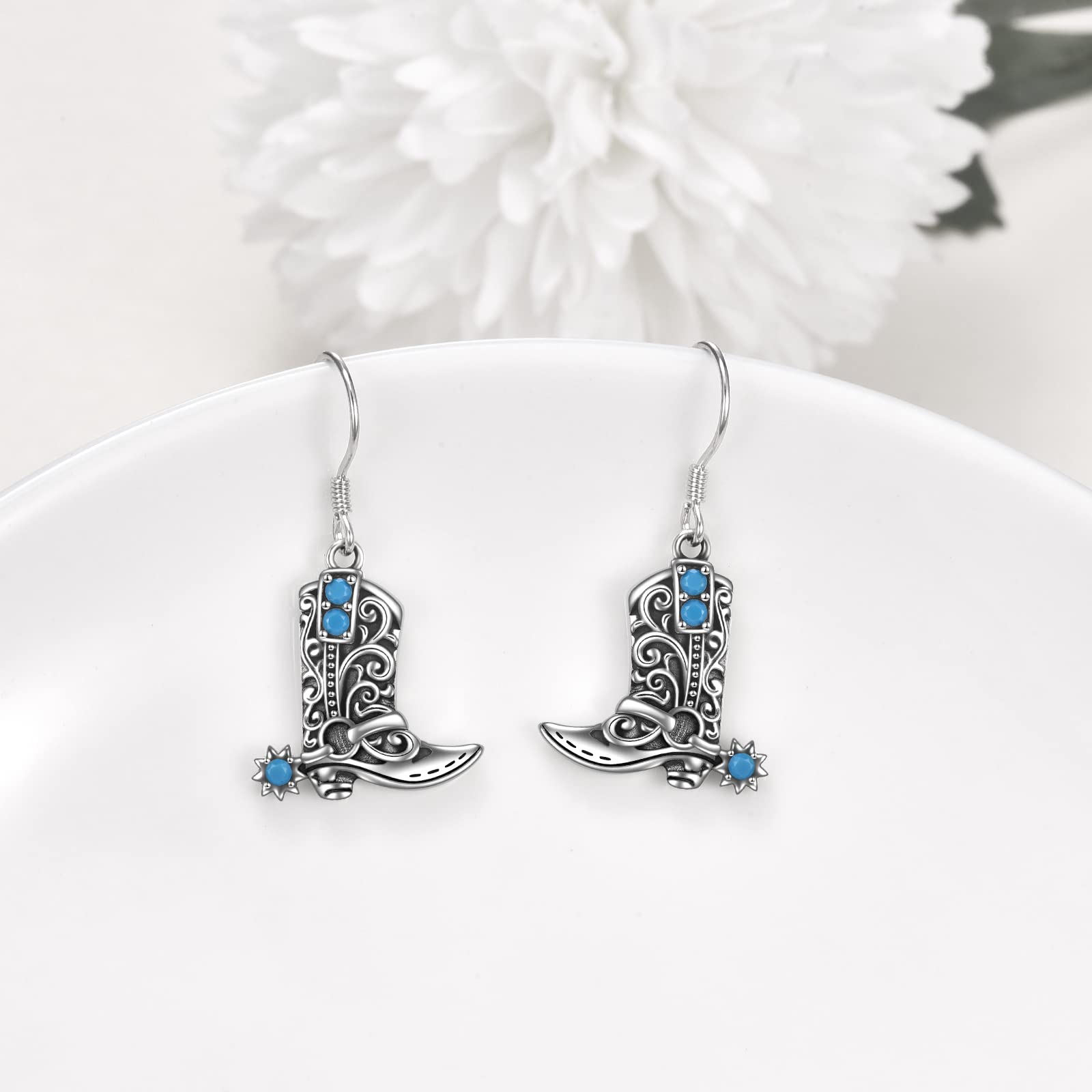 POPLYKE Sterling Silver Western West Cowgirl Texas Boots Earrings Cowgboy Turquoise Dangle Drop Earrings Boho Jewelry