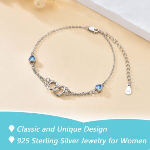 Light Blue Bracelet for Women 925 Sterling Silver Double Heart Bracelets Aquamarine Dainty Beach Jewelry Friendship Heart Chain March Birthstone Jewelry for friend Best Friends