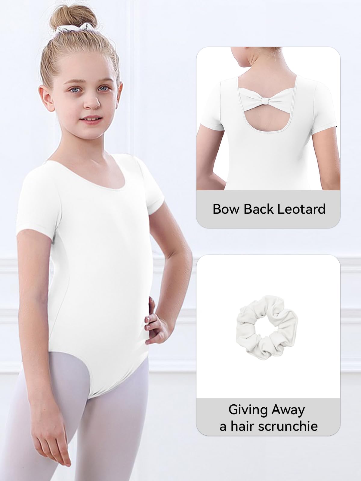 speerise Girls Toddler Leotard Short Sleeve Ballet leotards for Dance Gymnastics Bow Back 3-12 Years white