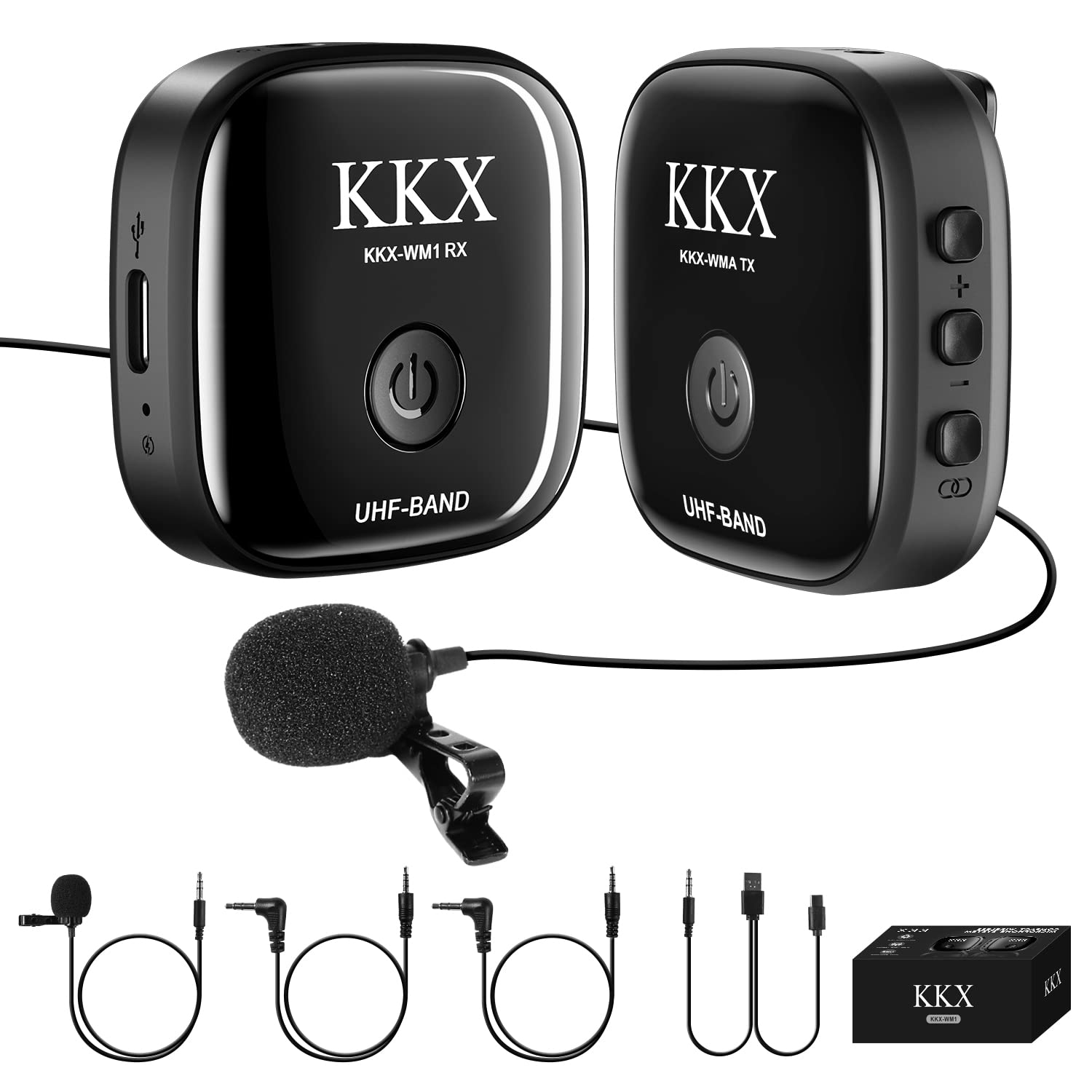 KKX Wireless Lavalier Microphone with Clip On System UHF Lapel Microphone with 1 Transmitter and 1 Receiver for Smartphone, iPhone, Camera, Interview & YouTube