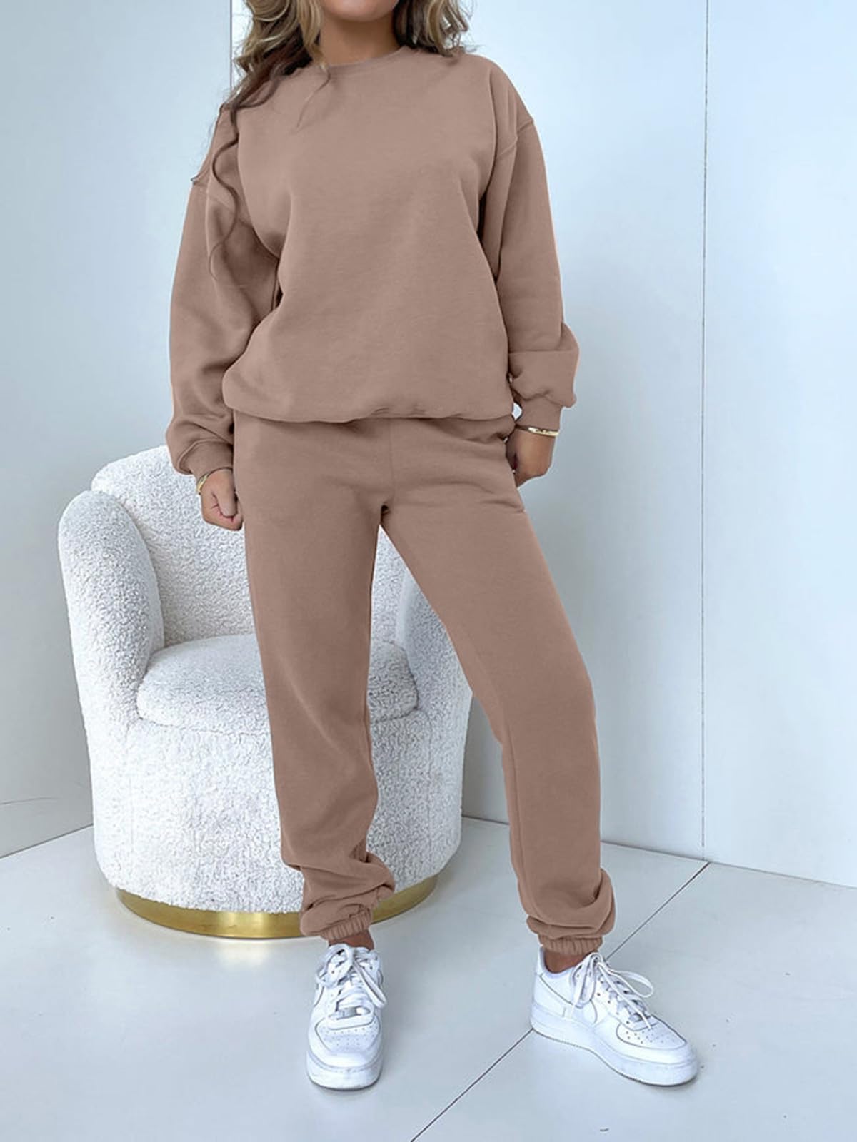 Alunzoem Tracksuit for Women Set Sweat Suit 2 Piece Pullover Solid Sweatshirt Long Pants Outfits Lounge Set Khaki M