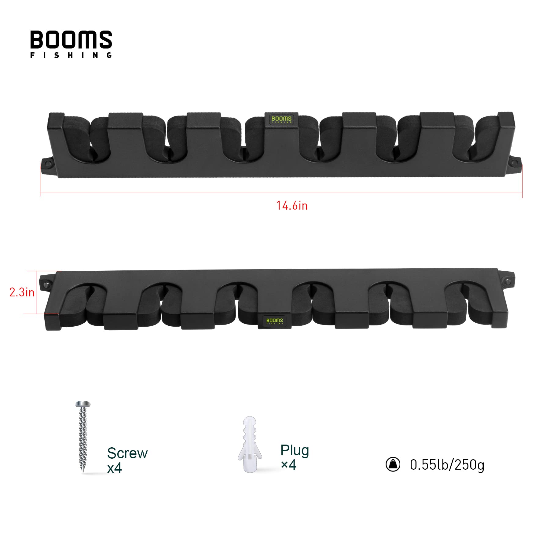 Booms Fishing WV5 Horizontal Fishing Rod Holders for Garage, Wall Mounted Fishing Rod Rack, Kayak Fishing Pole Holder and Rack, Store Up to 6 Rod and Reel Combo in 14.6"