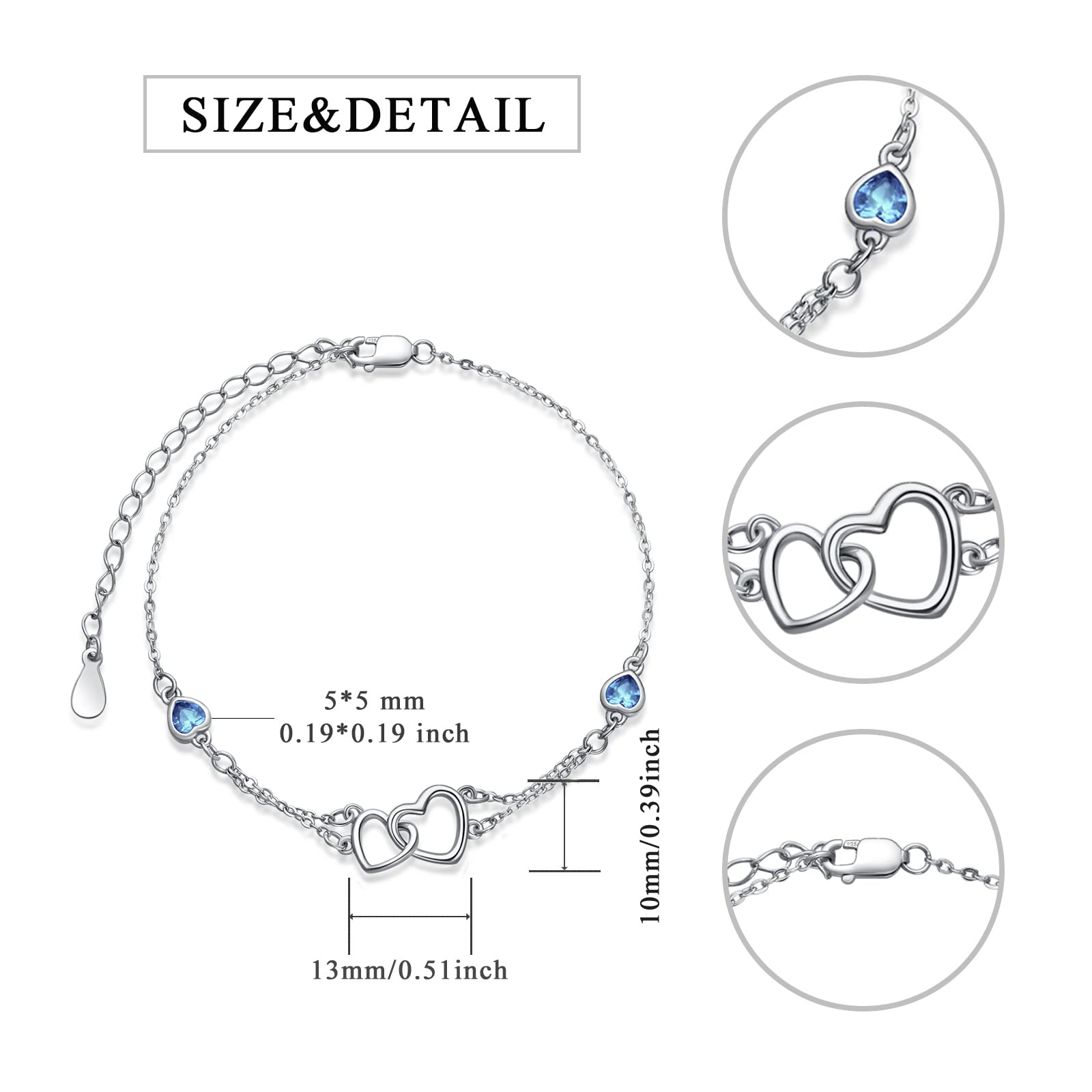 Light Blue Bracelet for Women 925 Sterling Silver Double Heart Bracelets Aquamarine Dainty Beach Jewelry Friendship Heart Chain March Birthstone Jewelry for friend Best Friends