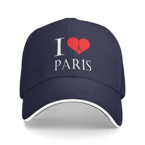 Unisex I Love Paris Eiffel Tower Baseball Hat, Heart Baseball Cap Adjustable Hunting Hat for Men Women Navy Blue