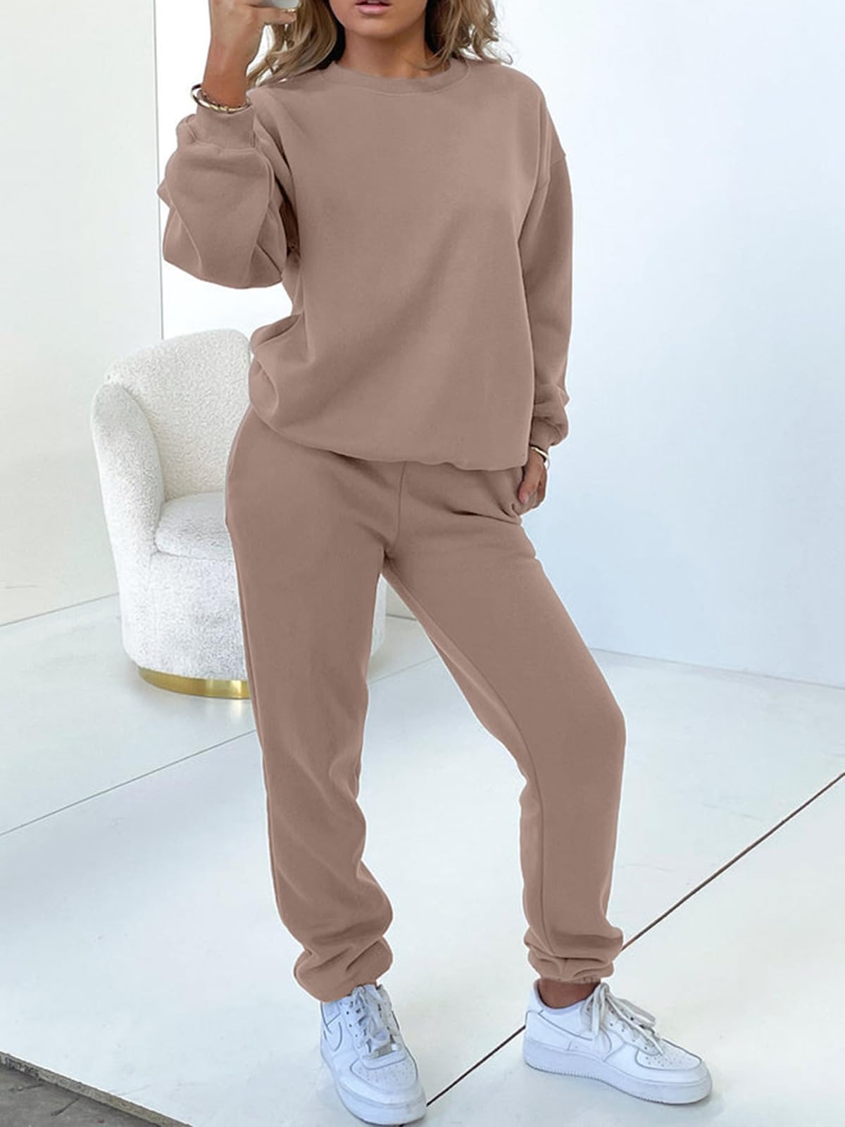 Alunzoem Tracksuit for Women Set Sweat Suit 2 Piece Pullover Solid Sweatshirt Long Pants Outfits Lounge Set Khaki M