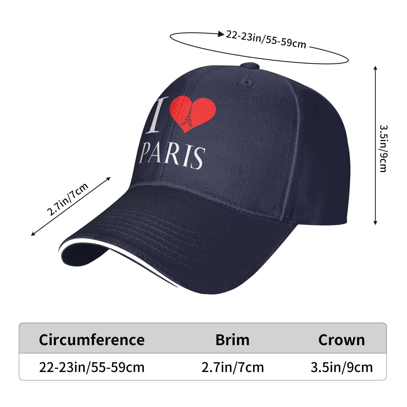 Unisex I Love Paris Eiffel Tower Baseball Hat, Heart Baseball Cap Adjustable Hunting Hat for Men Women Navy Blue