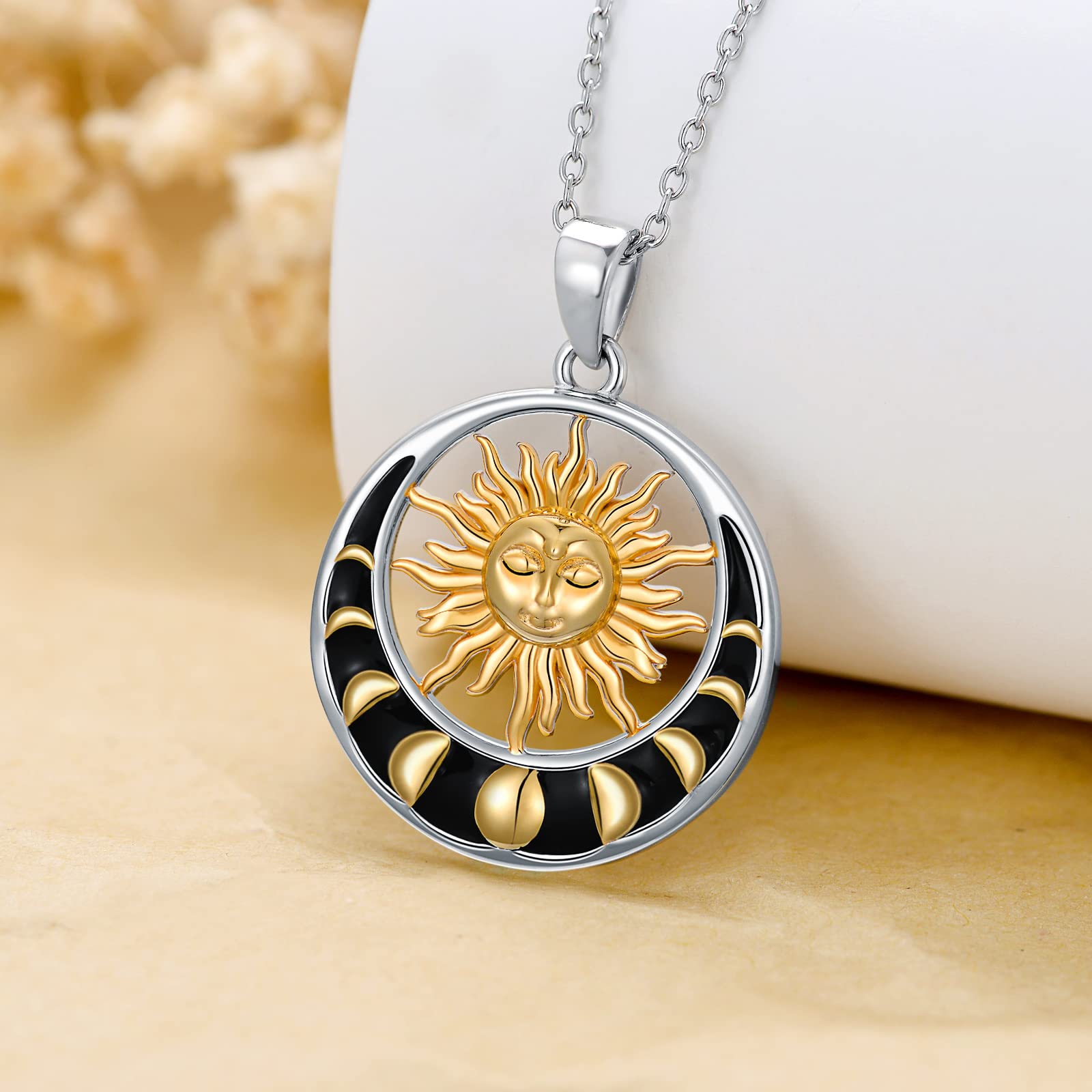 PROESS Sun and Moon Necklace Sterling Silver Moon Phase Crescent Pendant Moon and Sun Jewelry for Women Couples Friends