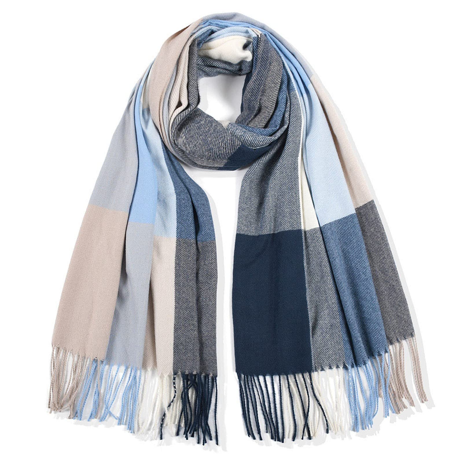 Fashion Women Men Winter Warm Scarves Color Block Tassel Scarf Soft Wraps Long Shawl (Blue, One Size)