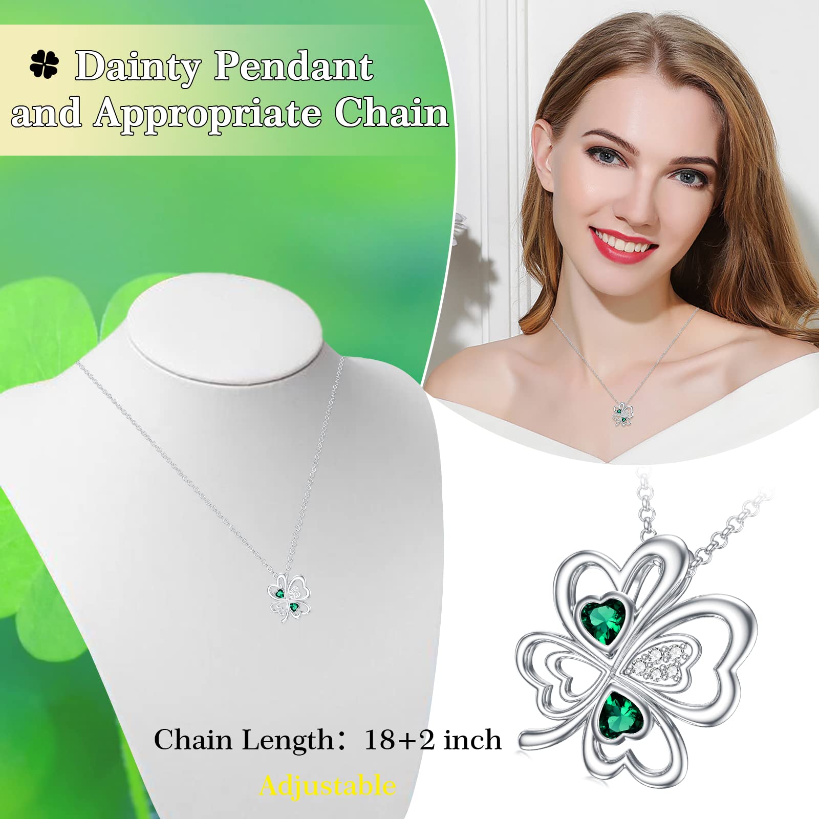 Dorunmo Clover Necklace 925 Sterling Silver 4 Leaf Clover Necklaces St Patrick’s Day Pendant Shamrock Charm Lucky Heart Irish Jewelry Green Clover Leaf Gifts for Women Girl Mom Friends