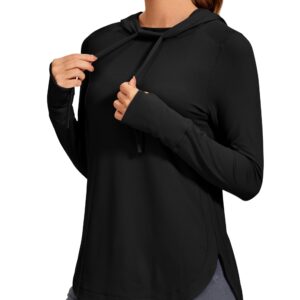 CRZ YOGA Workout Long Sleeve Shirt for Women Hoodie Pullover Athletic Hooded Long Sleeves Sports Gym Tops with Thumbhole Black Small