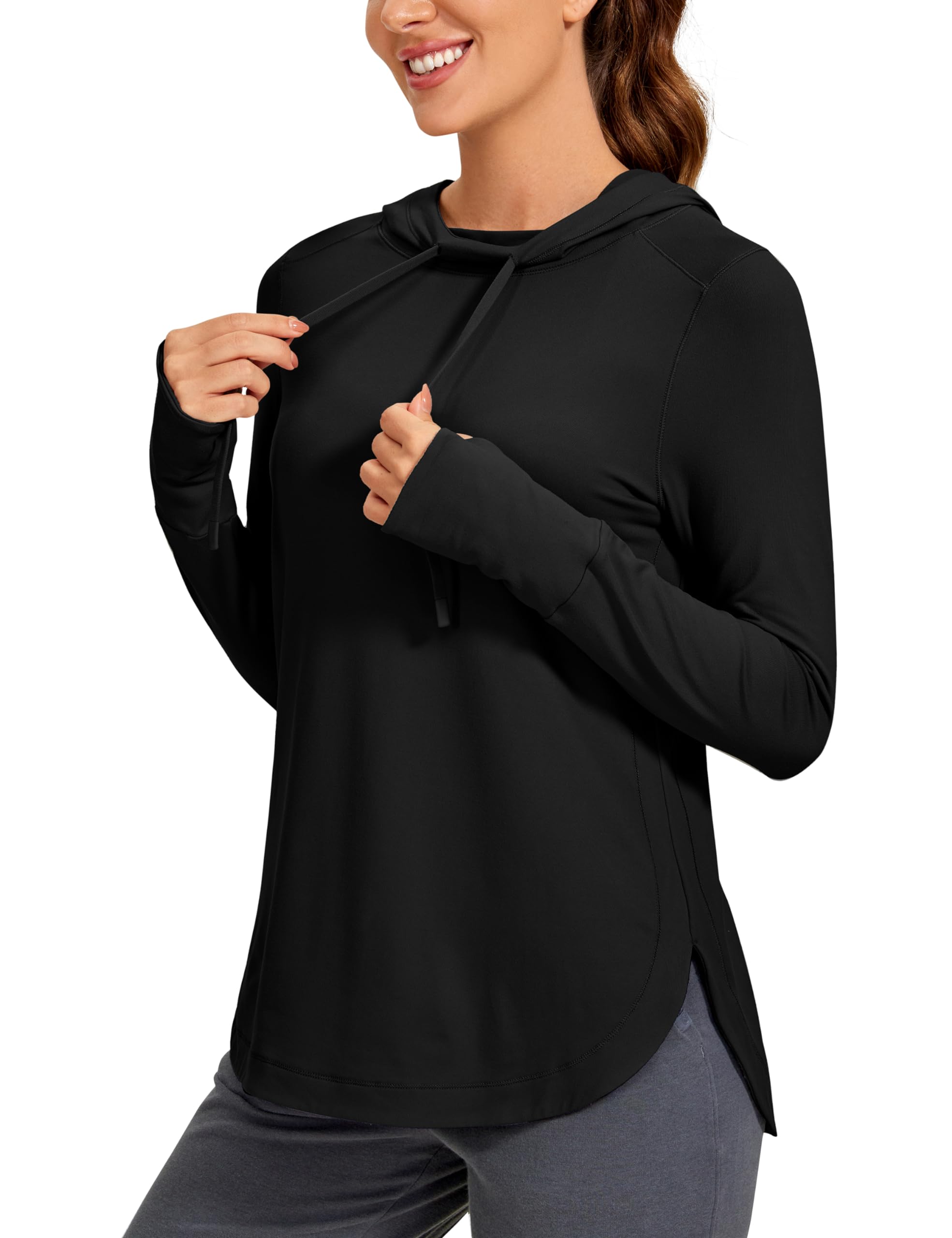 CRZ YOGA Workout Long Sleeve Shirt for Women Hoodie Pullover Athletic Hooded Long Sleeves Sports Gym Tops with Thumbhole Black Small