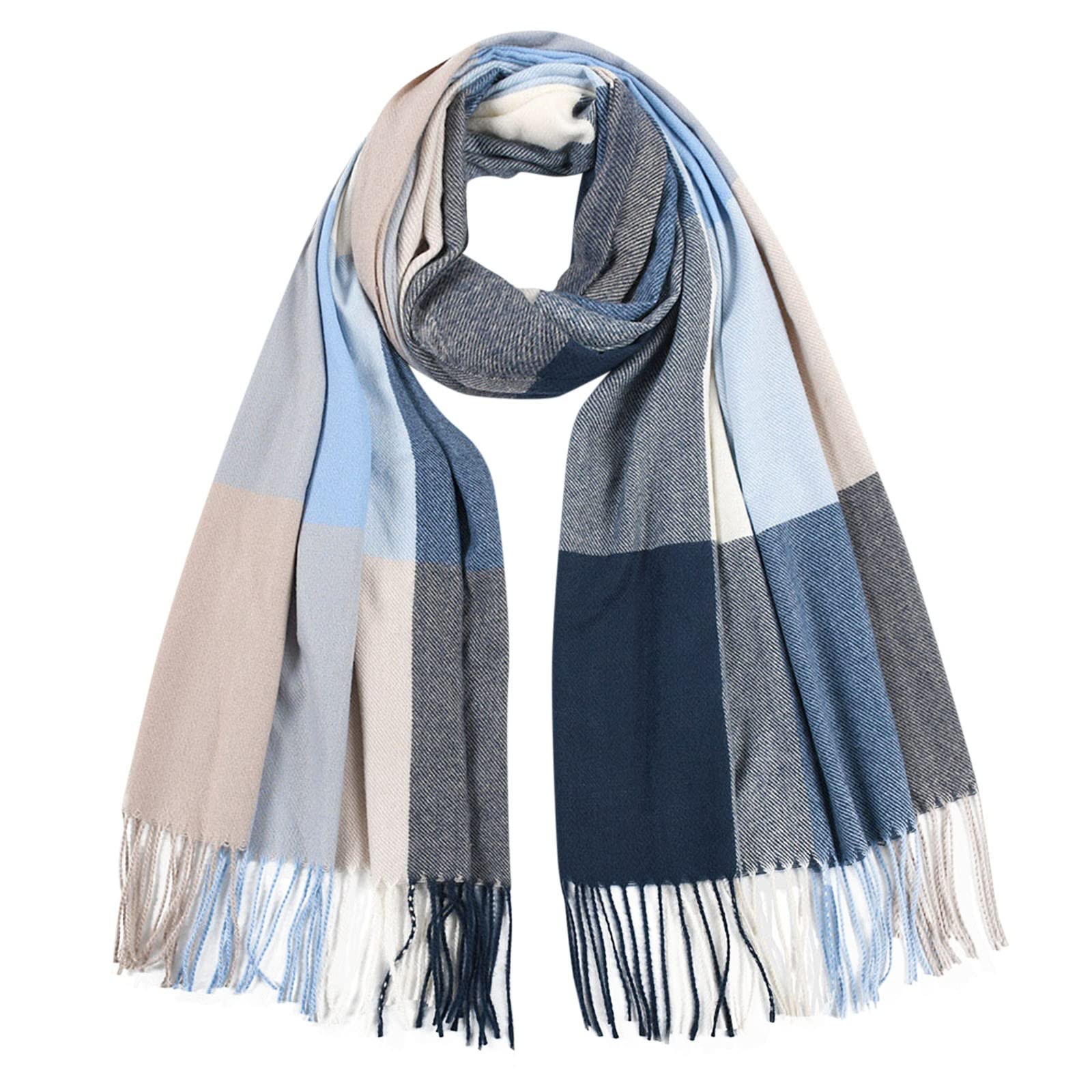 Fashion Women Men Winter Warm Scarves Color Block Tassel Scarf Soft Wraps Long Shawl (Blue, One Size)