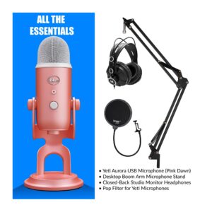 Blue Microphones Yeti USB Microphone Aurora Collection (Pink Dawn) Bundle with Boom Arm Microphone Stand, Studio Monitor Headphones, and Pop Filter (4 Items)