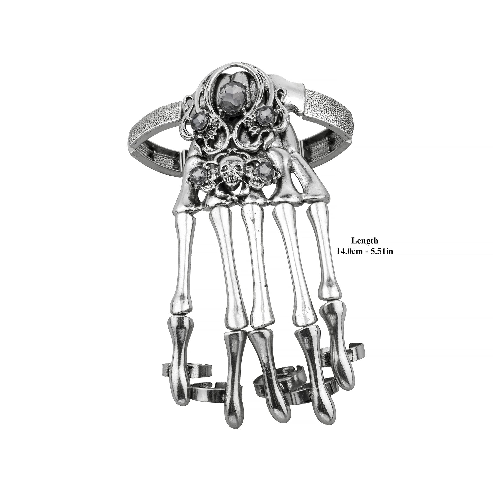 LUX ACCESSORIES Silver-tone Hem Gothic Skull Tools Full Hand Skeleton Bracelet Rings