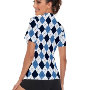 Women Argyle V-Neck Golf Polo Shirt Quick Dry Lightweight Short Sleeve T-Shirts, Medium