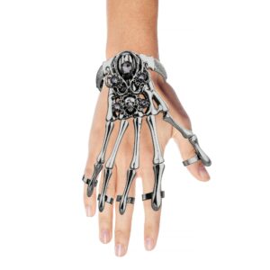 LUX ACCESSORIES Silver-tone Hem Gothic Skull Tools Full Hand Skeleton Bracelet Rings