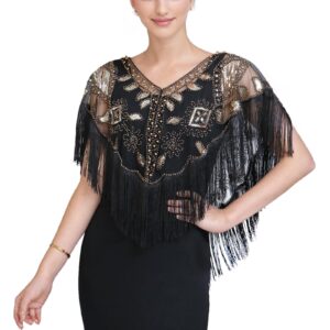 vimate 1920 Shawl Wraps for Evening Dresses, Flapper Retro Fringe Shawl for Women Gatsby （Style 1-Black & Gold