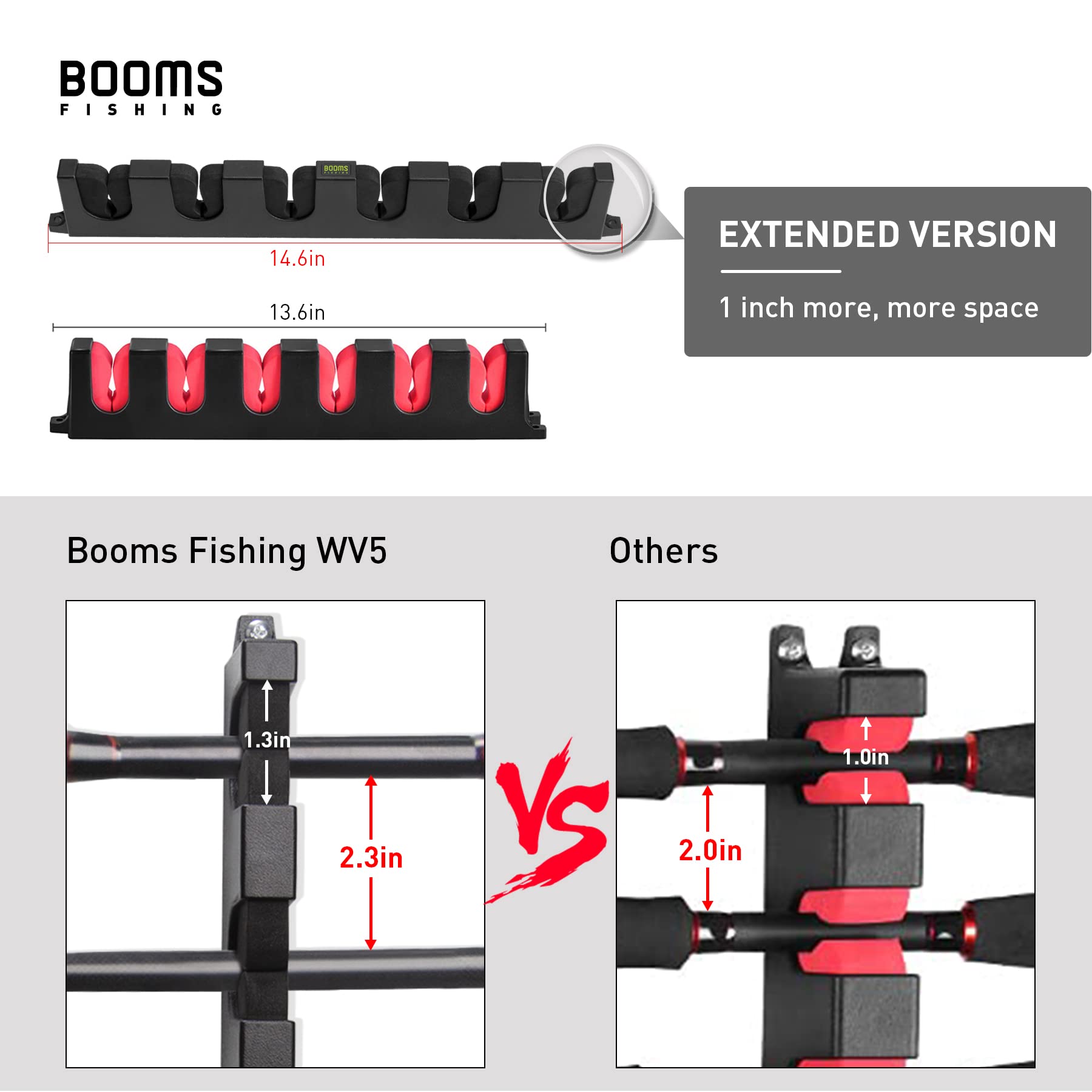 Booms Fishing WV5 Horizontal Fishing Rod Holders for Garage, Wall Mounted Fishing Rod Rack, Kayak Fishing Pole Holder and Rack, Store Up to 6 Rod and Reel Combo in 14.6"