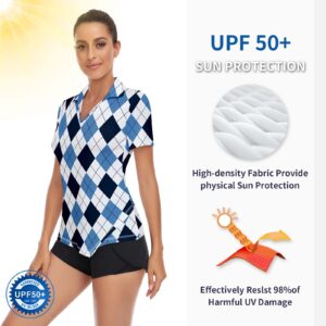 Women Argyle V-Neck Golf Polo Shirt Quick Dry Lightweight Short Sleeve T-Shirts, Medium