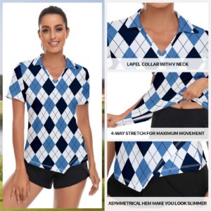 Women Argyle V-Neck Golf Polo Shirt Quick Dry Lightweight Short Sleeve T-Shirts, Medium